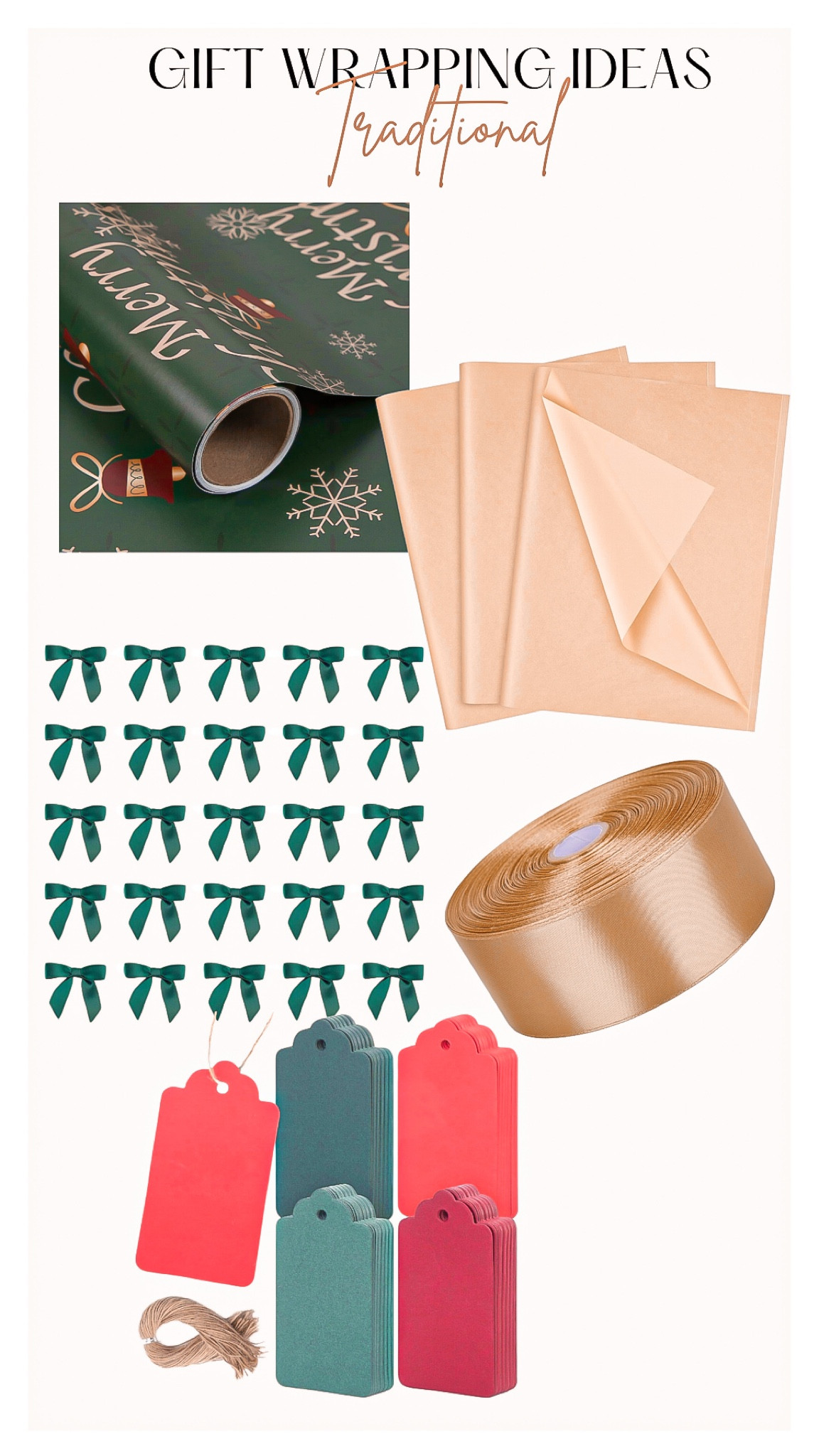 Christmas Wrapping Ideas 🎁
• Traditional Theme 

Amazon finds, wrapping paper , Christmas decor , Christmas guide , tissue paper , gift wrapping , ribbons, bows, velvet bows, gift tags, name tags

#LTKGiftGuide #LTKSeasonal #LTKHoliday