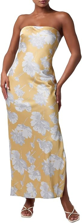 Lulus Whitney Strapless Midi Dress for Women Pink Floral Cocktail Dress with Side Slit Elegant | Amazon (US)