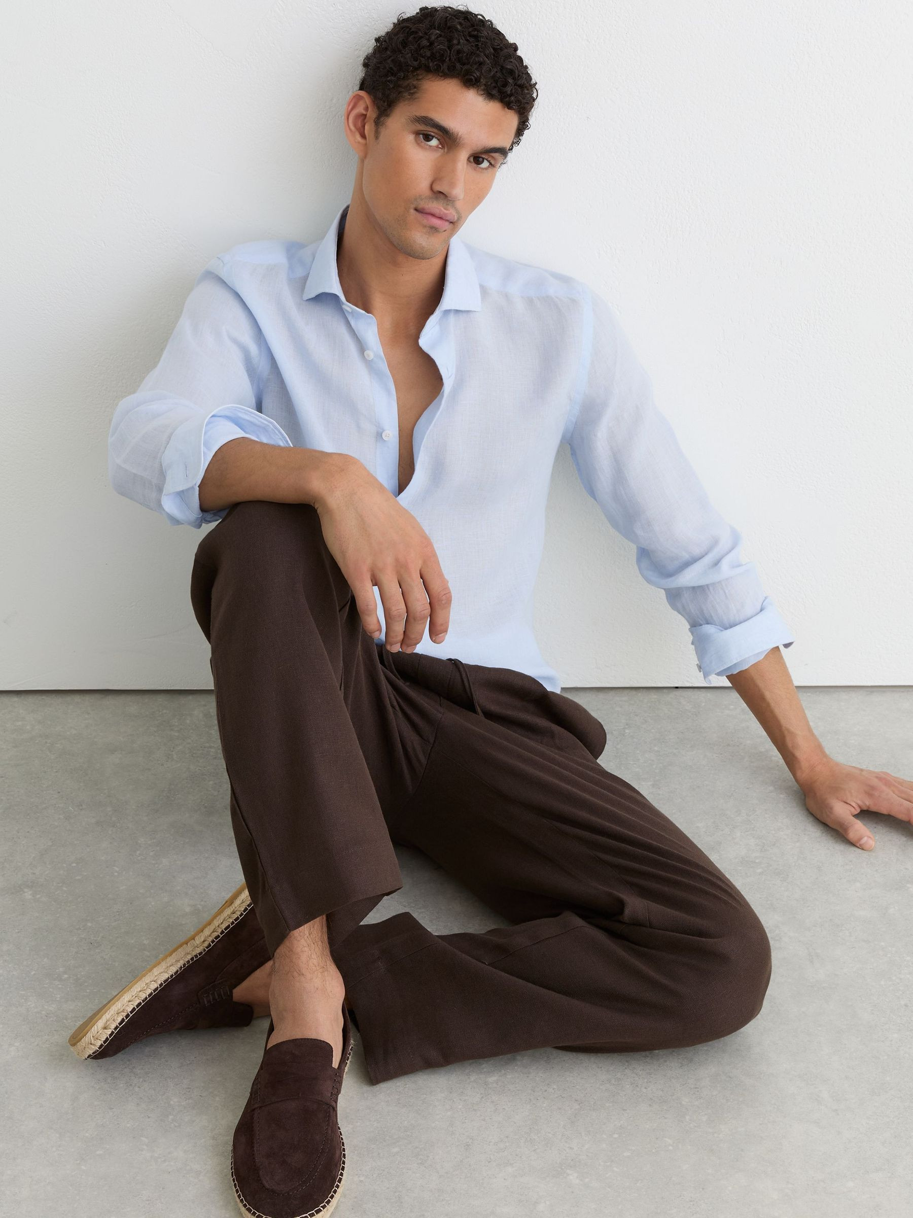 Reiss Linen Button-Through Shirt in Pale Blue - REISS | Reiss UK