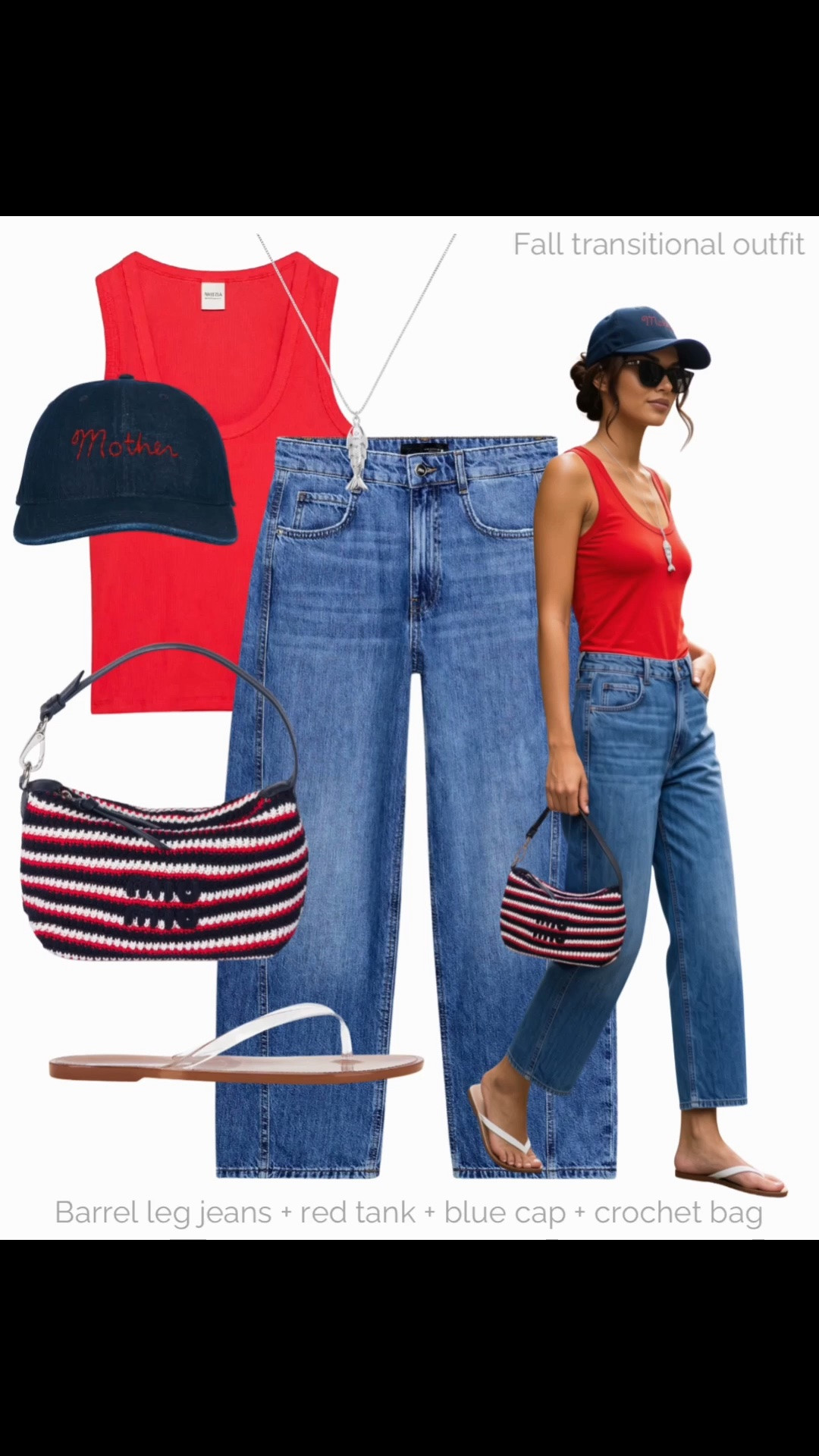 Red & navy ❤️‍🔥

Tags: late summer outfit, tomato red tank top, Zara barrel leg jeans, miu miu crochet bag, flip flop sandals, mother denim baseball cap, electric picks fish pendant necklace, outfit formulas, early fall transitional outfit

#LTKfall #LTKsummer #LTKjeans