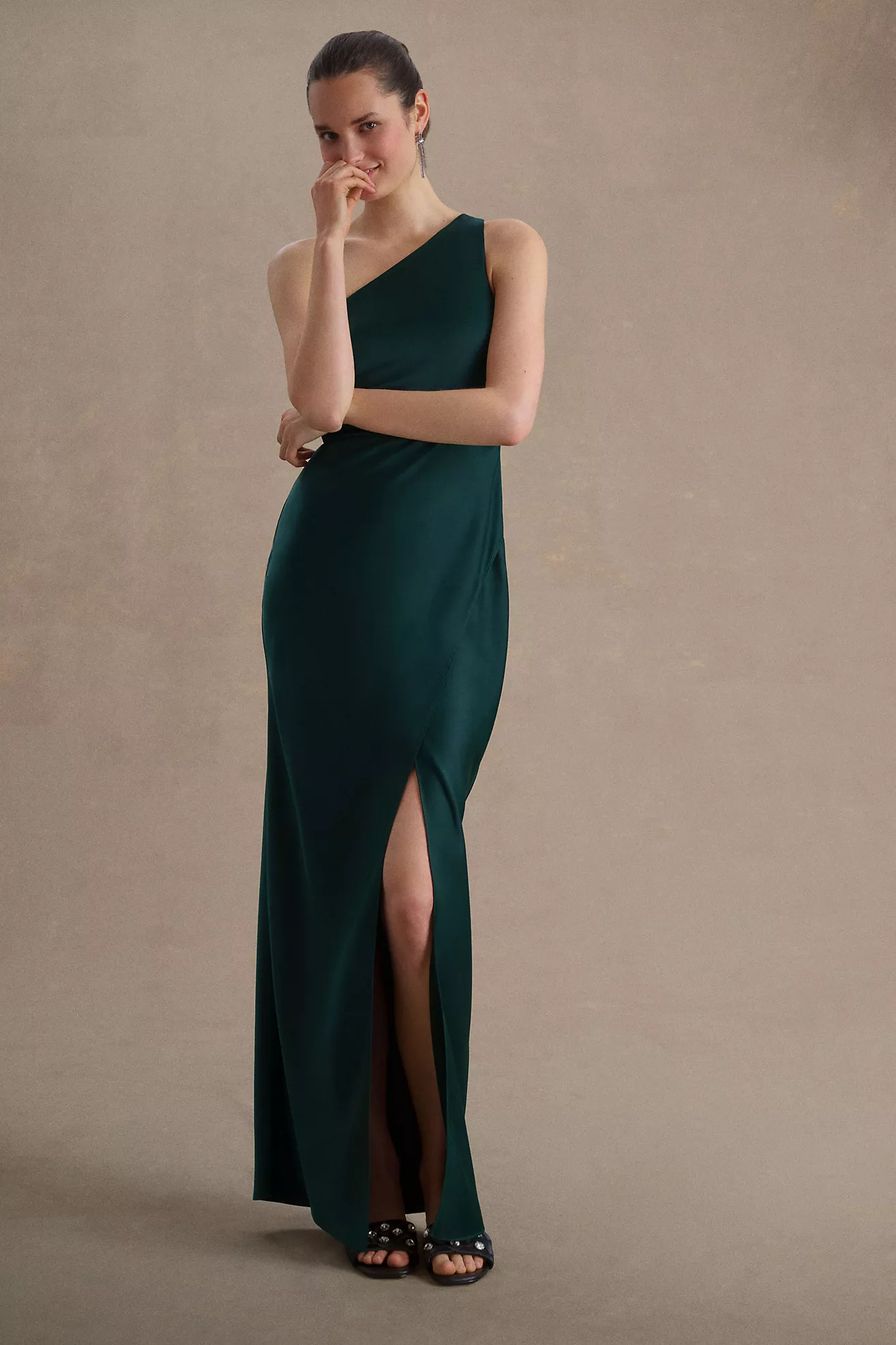 BHLDN Dylan One-Shoulder Satin Side-Slit Gown | Anthropologie (US)