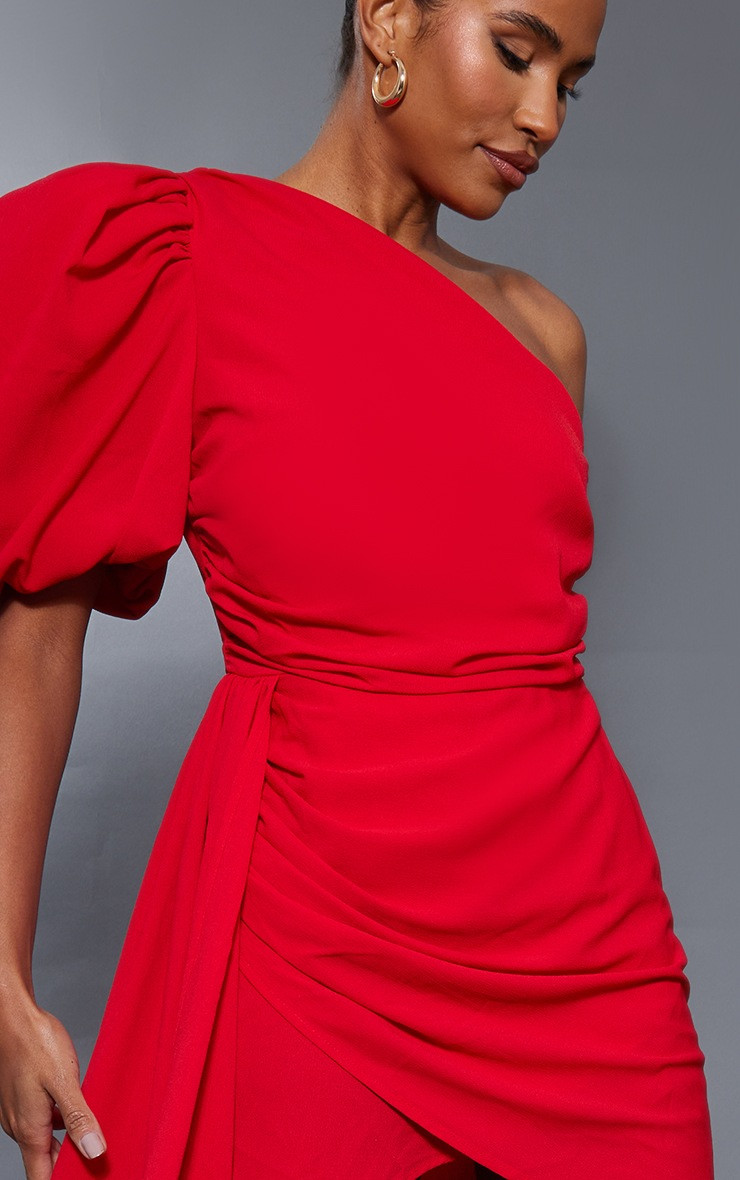 Red One Shoulder Puff Sleeve Draped Bodycon Dress | PrettyLittleThing US