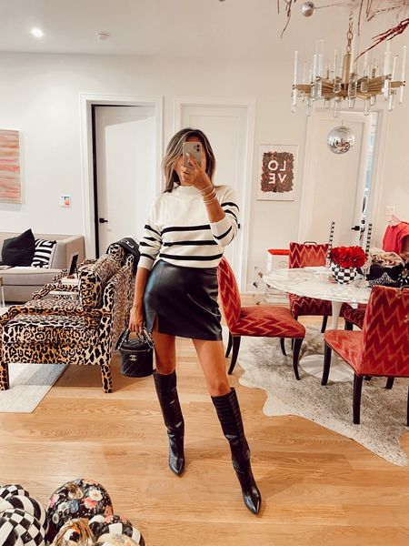 Amazon stripe sweater, small, faux leather skirt, knee high boots, fall outfit, fall style

#LTKSeasonal #LTKtravel #LTKunder100