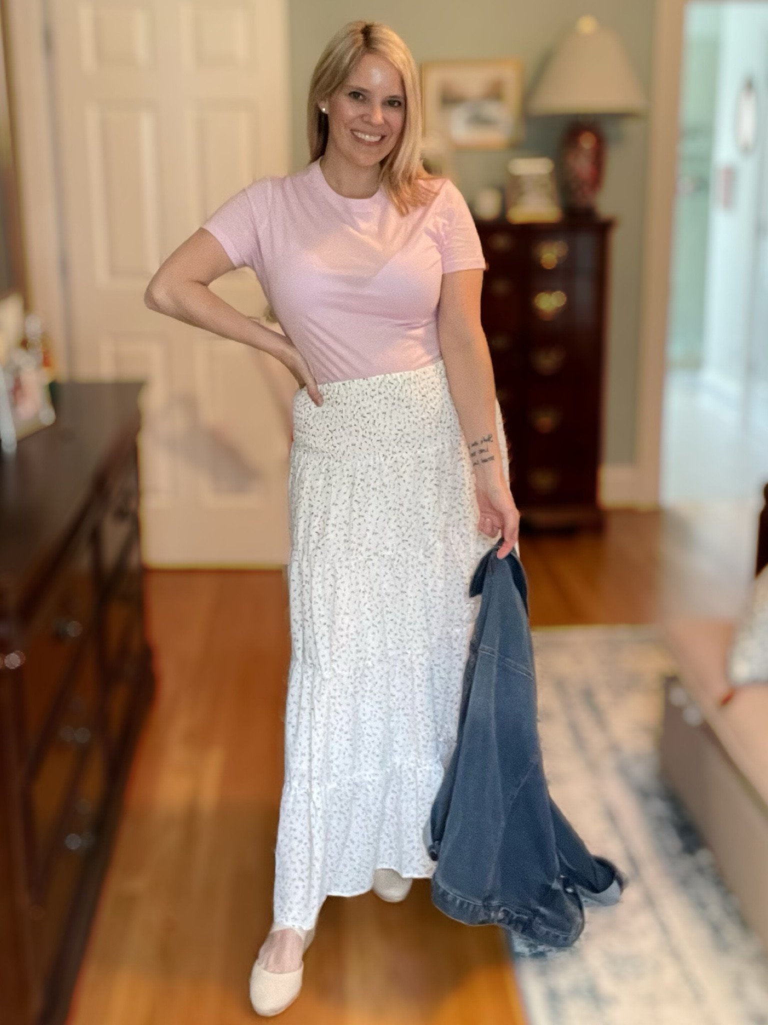 Floral maxi skirt, pink super soft tee, denim jacket, espadrilles, Easter outfit, spring work outfit, SAHM outfit, brunch outfit 

#LTKfindsunder50 #LTKover40 #LTKfindsunder100
