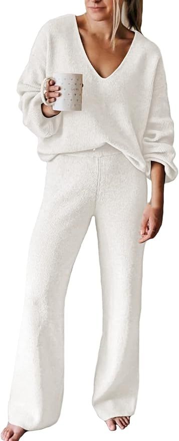 Viottiset Women's 2 Piece Outfits Casual V Neck Knit Wide Leg Sweater Lounge Set Sweatsuit | Amazon (US)