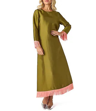 CROSBY By Mollie Burch Drewry Satin Solid Twill Crew Neck 3/4 Sleeve Fringe Shift Maxi Dress | Dillard's