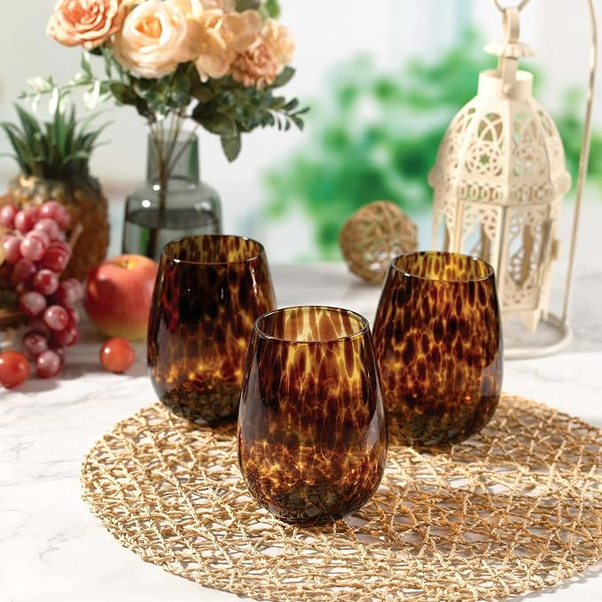 Joseph Sedgh Collection Tortoise Shell Stemless Wine & Water Glass Set of 4 – 16.91 oz Borosili... | Amazon (US)