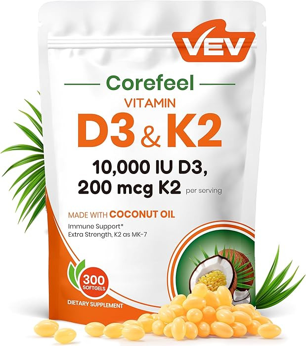 VEV Corefeel Vitamin D3 K2 10,000 IU, 200 mcg MK-7, 300 Coconut Oil Softgels, 2 in 1 Vitamins Sup... | Amazon (US)
