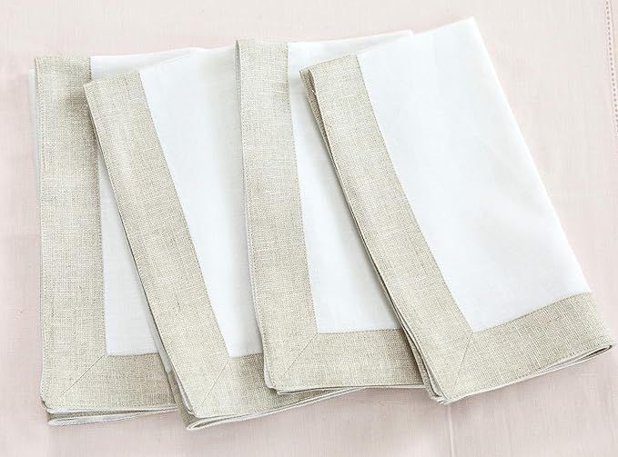 Solino Home Linen Cloth Napkins 20 x 20 Inch – White/Natural Shimmer Border Decorative Napkins ... | Amazon (US)