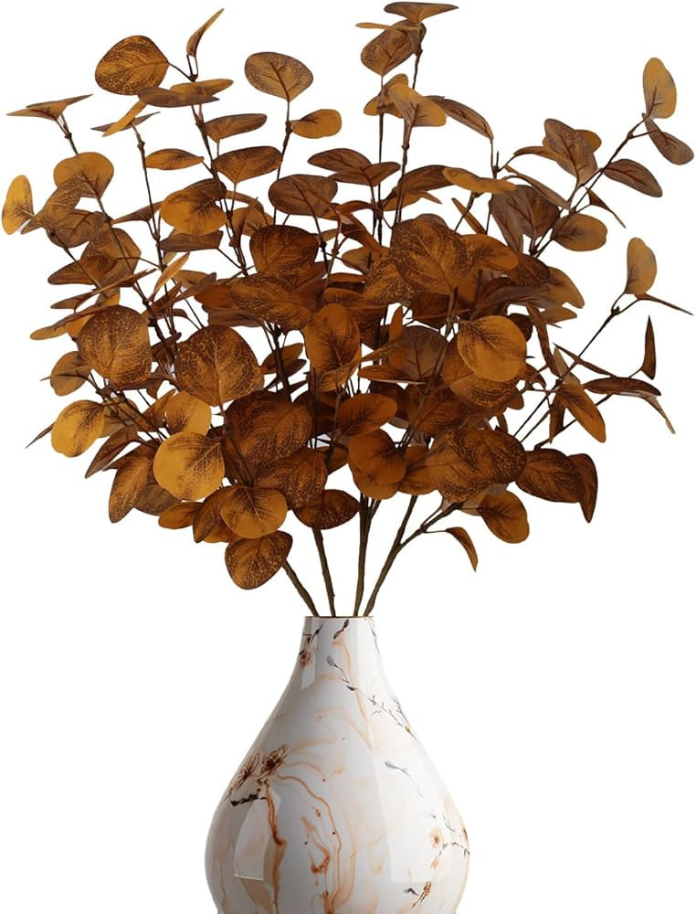 4PCS 24" Autumn Brown Metallic Artificial Eucalyptus Stems Real Faux Eucalyptus Leaves for Fall H... | Amazon (US)