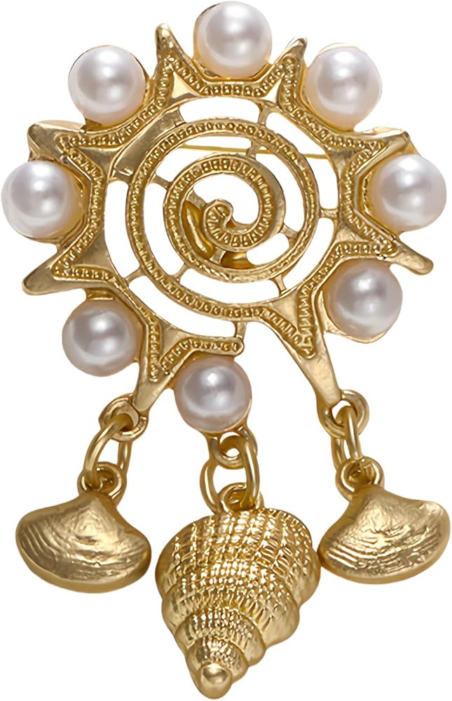 Vintage Conch Shell Brooch Pin for Women Gold Plated Fashion Artificial Pearls Ocean Style Brooch... | Amazon (US)