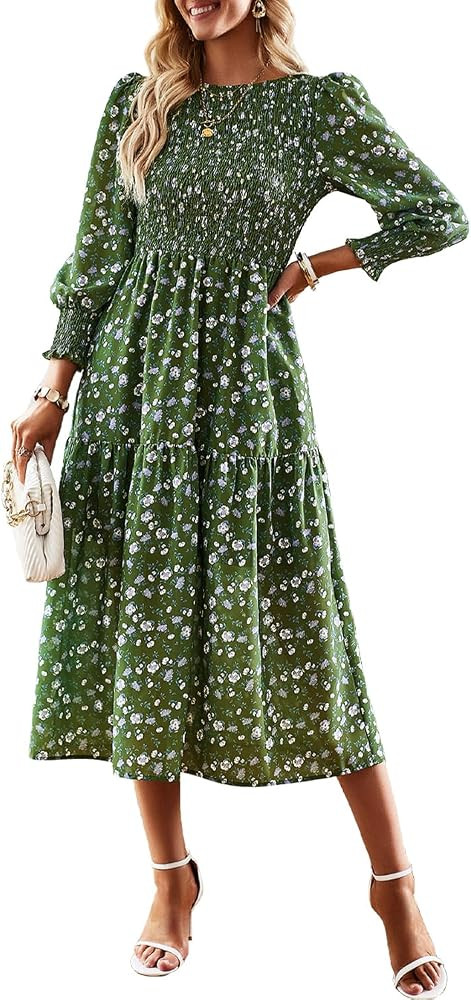 AILLOSA Women's Casual Long Sleeve Floral Dress Crewneck A-Line Mid Length Dress | Amazon (US)