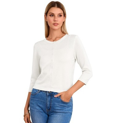 Women's Cropped Cardigan 3/4 Sleeve Crewneck Button Up Sweater Knit Top White L | Target