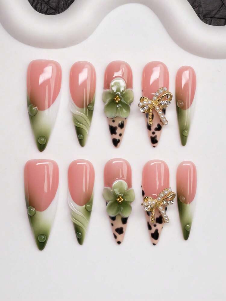 Handmade Almond-Shaped Press-On Nails With Y2K Baddie Style, Featuring Nude, Green, And White Nail Plates With Cream Tip, Tie Dye, Floral Embellishments, Water Drops, And Bow Designs. Designed For Women And Girls, 10Pcs/Set With 3 Size Options, Suitable For Parties, Ceremonies, And Daily Wear. Includes Manicure Tools, Ideal Gift For Ladies And Girls. Nail Supplies Nails | SHEIN