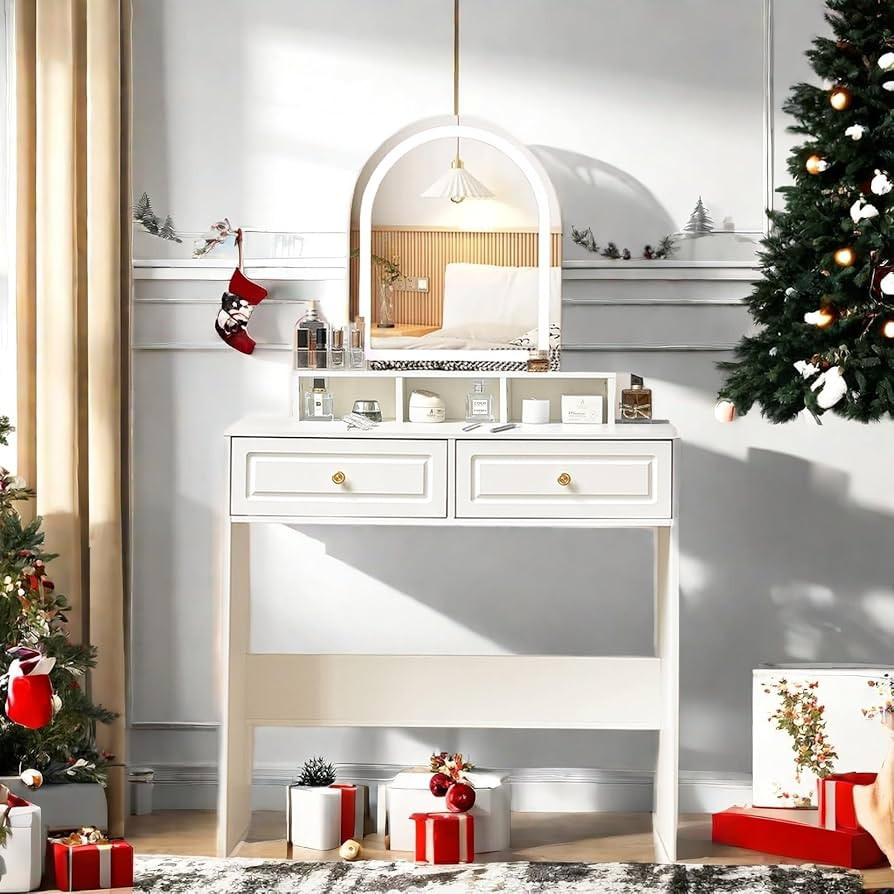 Small Vanity Desk - Makeup Vanity Table with Mirror and Lights, 3 Lighting Modes & Brightness Adj... | Amazon (US)