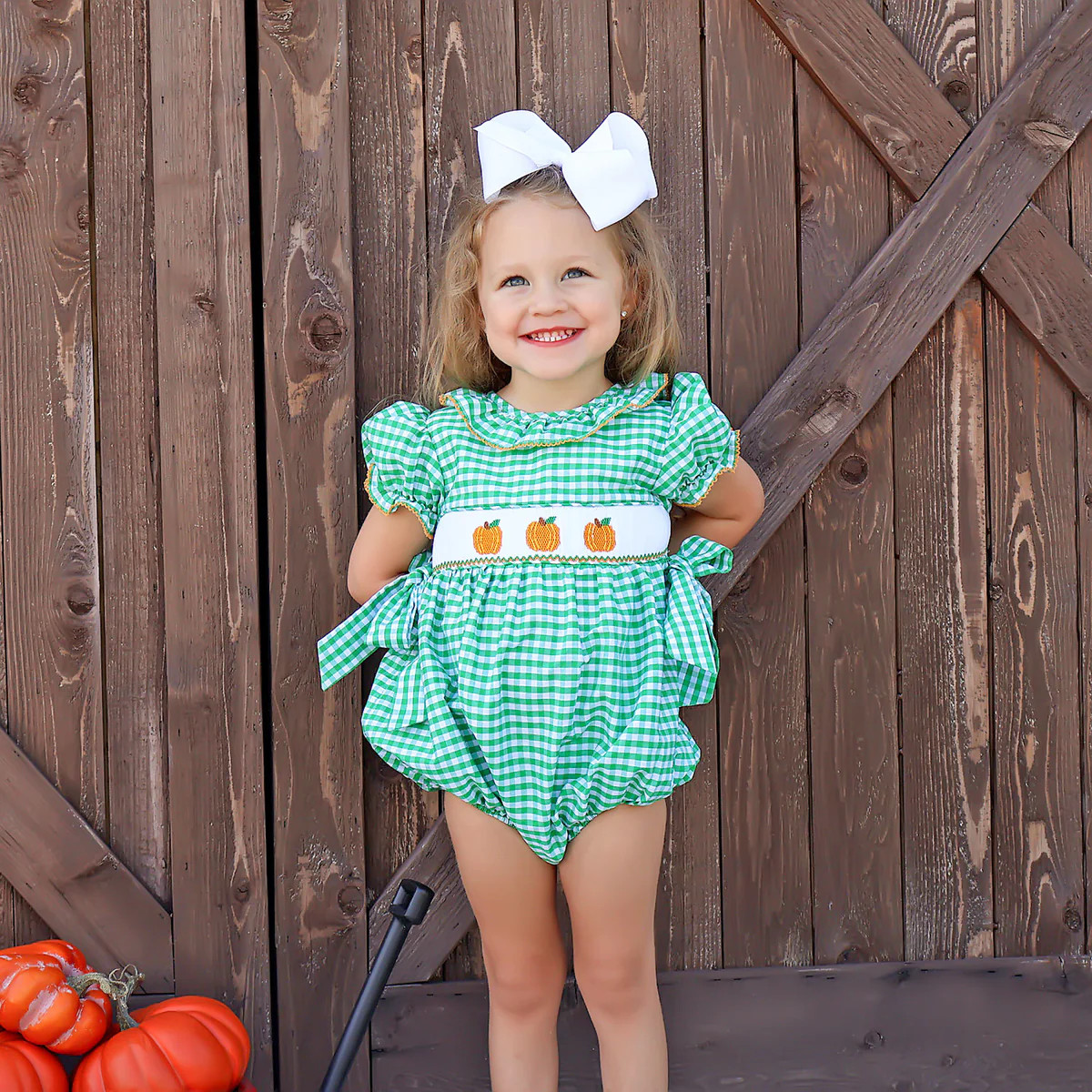 Green Check Pumpkin Smocked Beverly Bubble | Classic Whimsy