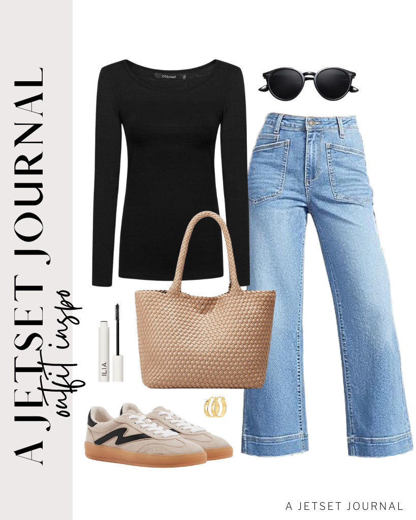 The last outfit idea is pairing this black OThread & Co. long-sleeve tee with Cicy Bell wide-leg jeans. A BOYATU woven tote bag matches this look. Step into these Madden Girl sneakers and add these small hoop earrings to complete the fit. 

 #LTKSeasonal #LTKSaleAlert #LTKTravel
