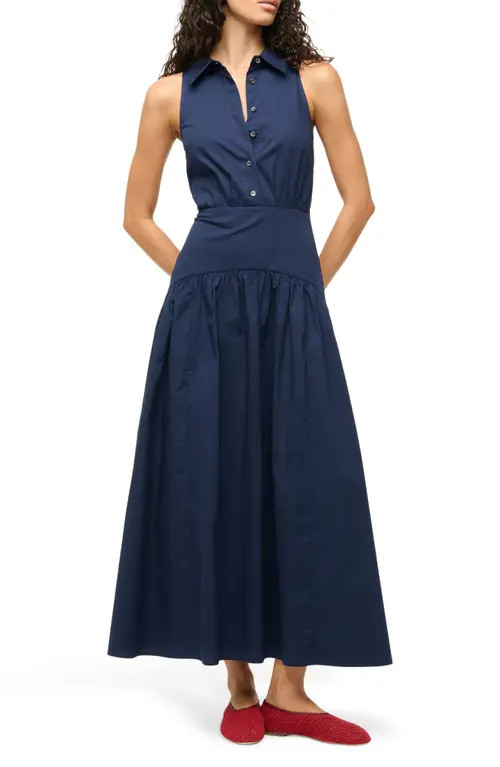 STAUD Romy Sleeveless Maxi Shirtdress in Navy at Nordstrom, Size 14 | Nordstrom