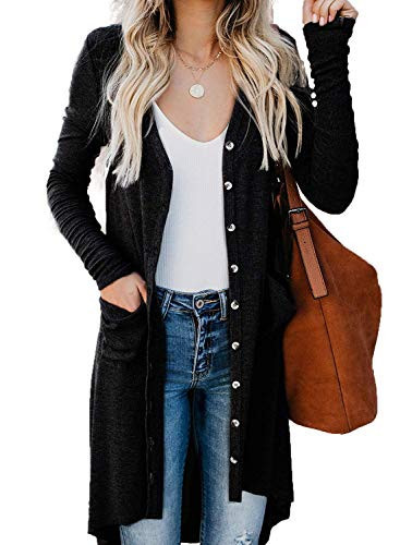 Long Black Cardigans, Button Down Long Sleeve Solid Color Knit Cardigans for Women Black,XL | Amazon (US)