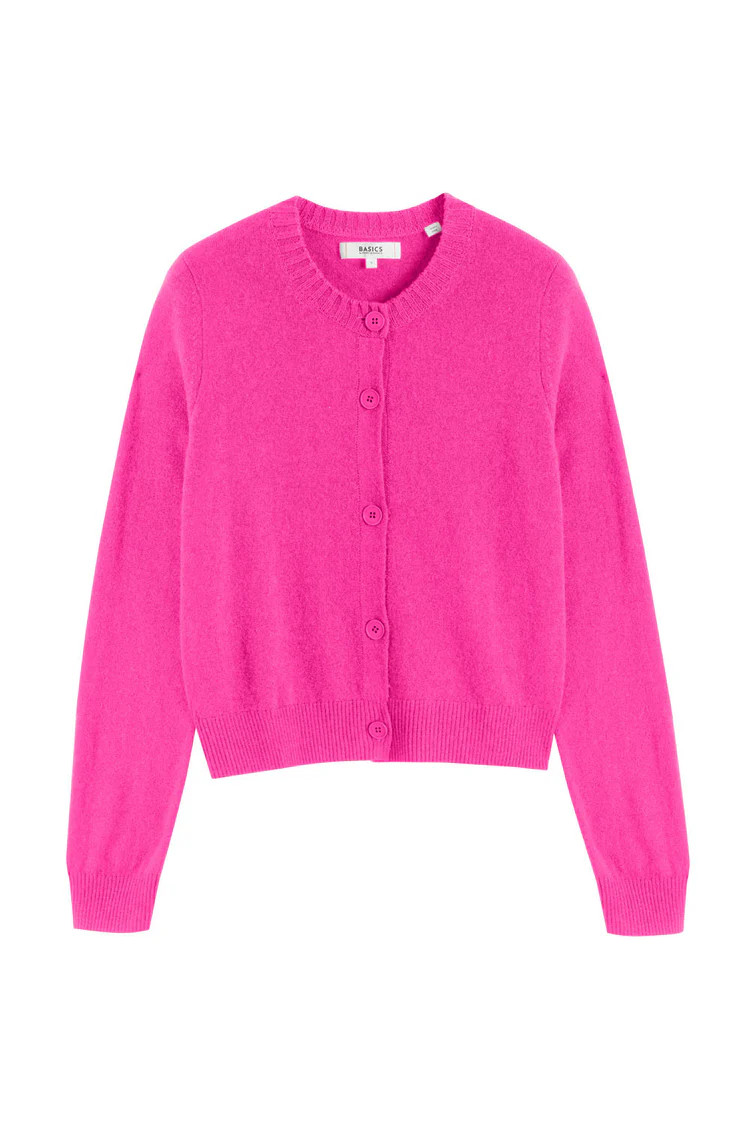 Fuchsia Wool-Cashmere Crew Neck Cardigan | Chinti & Parker