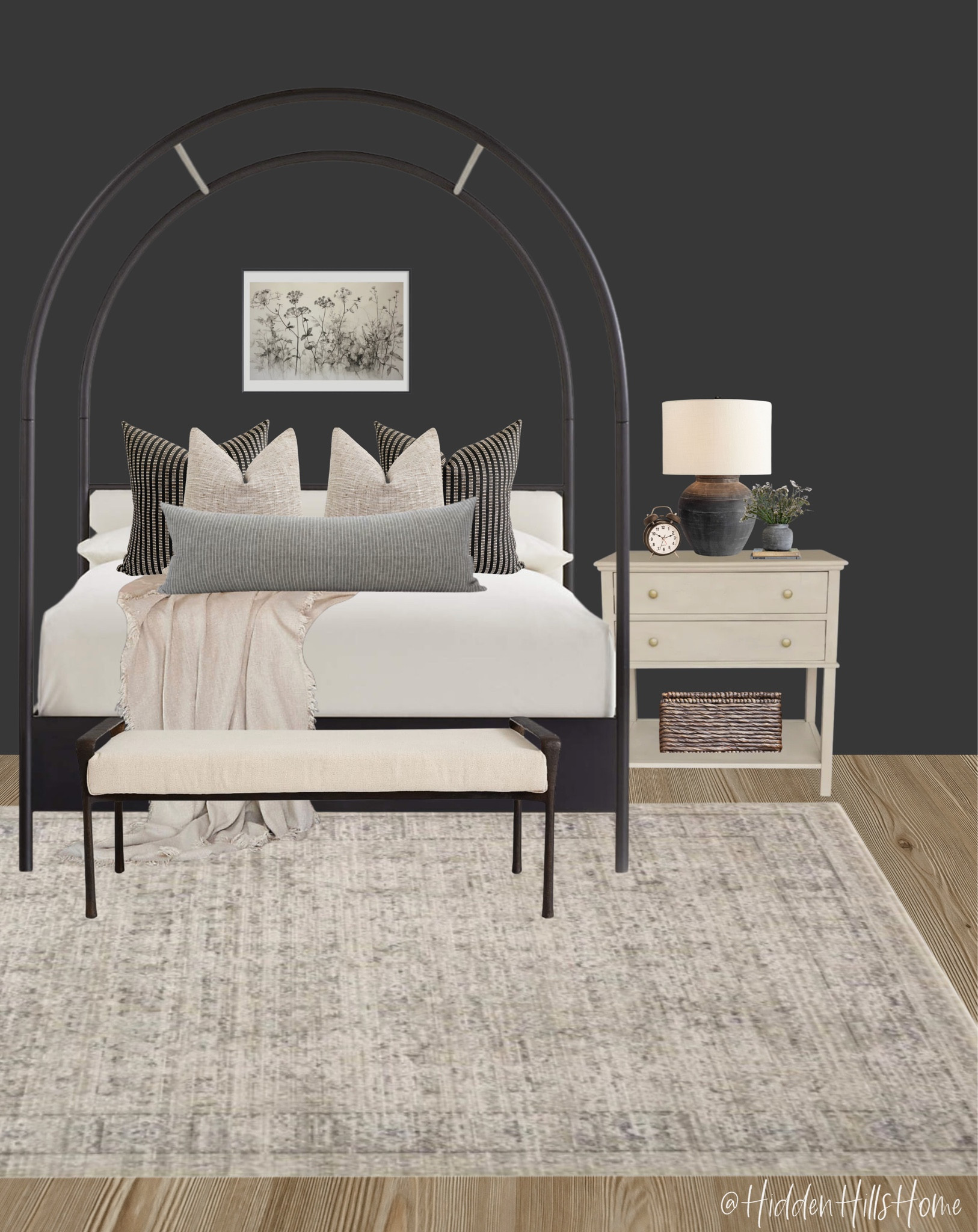 Moody bedroom decor with tricorn black walls! Bedroom decor mood board with arched canopy bed, master bedroom, primary bedroom #bedroom 

#LTKhome #LTKstyletip #LTKsalealert