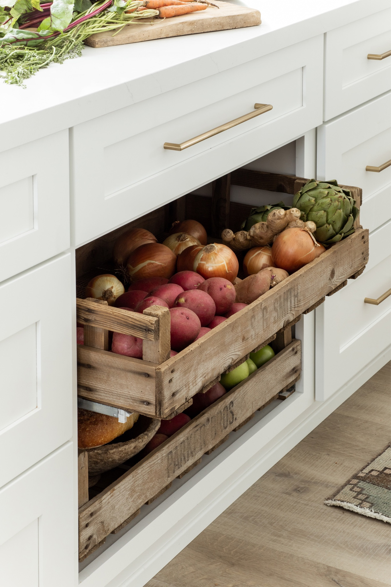 Vintage modern kitchen with custom vegetable storage  crates 🧅

#LTKhome #LTKfamily