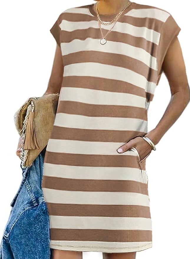AlvaQ Womens Striped Summer Dresses 2024 Crewneck Cap Sleeve Color Block Casual A Line Tshirt Dre... | Amazon (US)