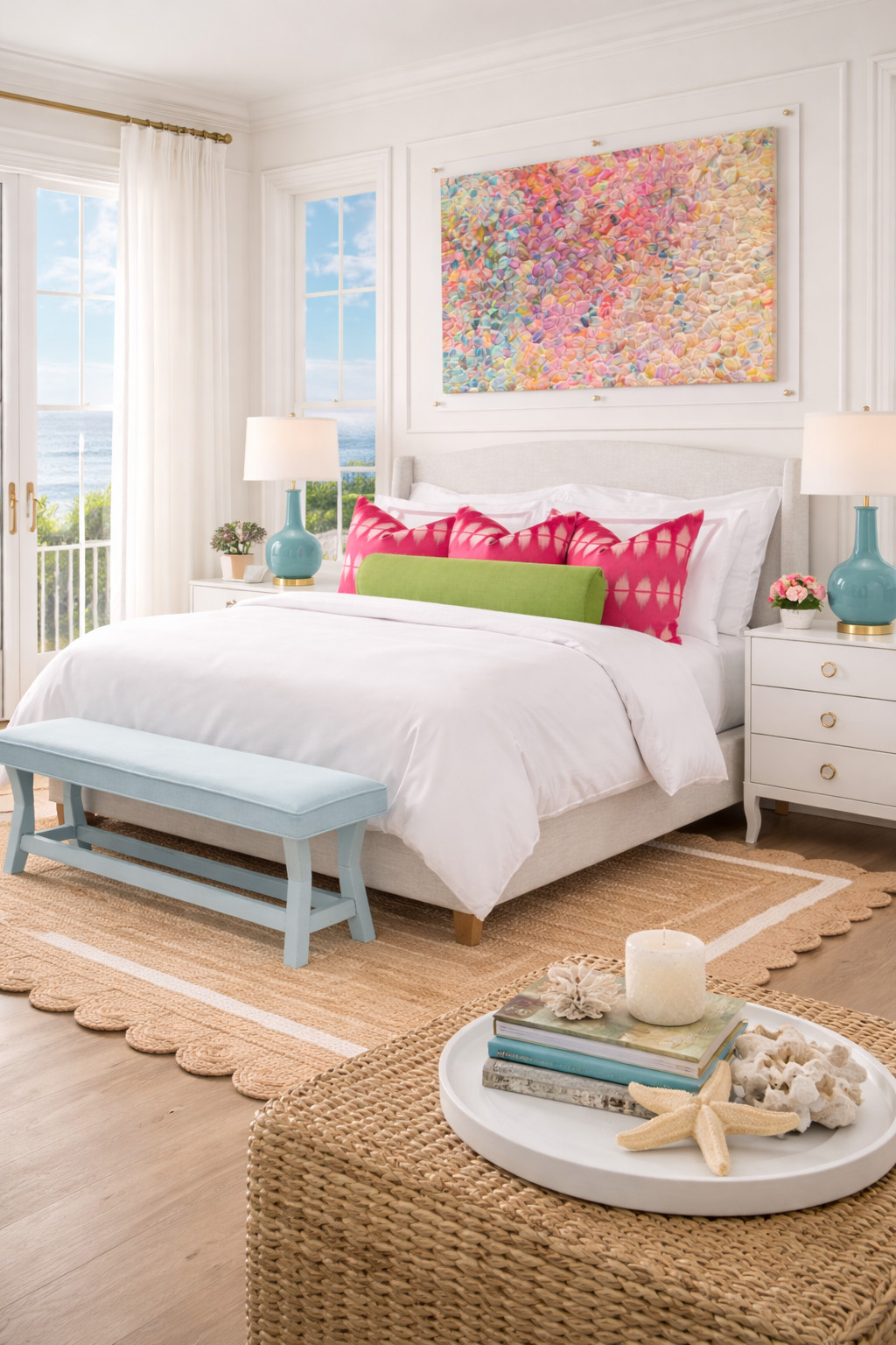 colorful bedroom decor, bold coastal bedroom, beach house bedroom, ocean view bedroom, seaside decor, vibrant wall art, abstract art decor, statement artwork, gallery wall inspo, preppy coastal, palm beach style, tropical chic, colorful home decor, layered bedding, pink and green bedroom, coral accents, lime green decor, turquoise lamps, blue bench, woven rug, scalloped rug, jute rug decor, light and airy bedroom, symmetrical nightstands, white bedroom furniture, gold hardware, coastal preppy decor, southern beach house, chic coastal living, feminine coastal bedroom, playful yet polished, summer home decor, vacation home vibes, bright bedroom inspo, sorority girl bedroom, college apartment decor, dorm room inspiration, happy color palette, resort style bedroom, classic with a twist, curated home styling, statement bedroom design 

 

#LTKU #LTKHome #LTKSaleAlert