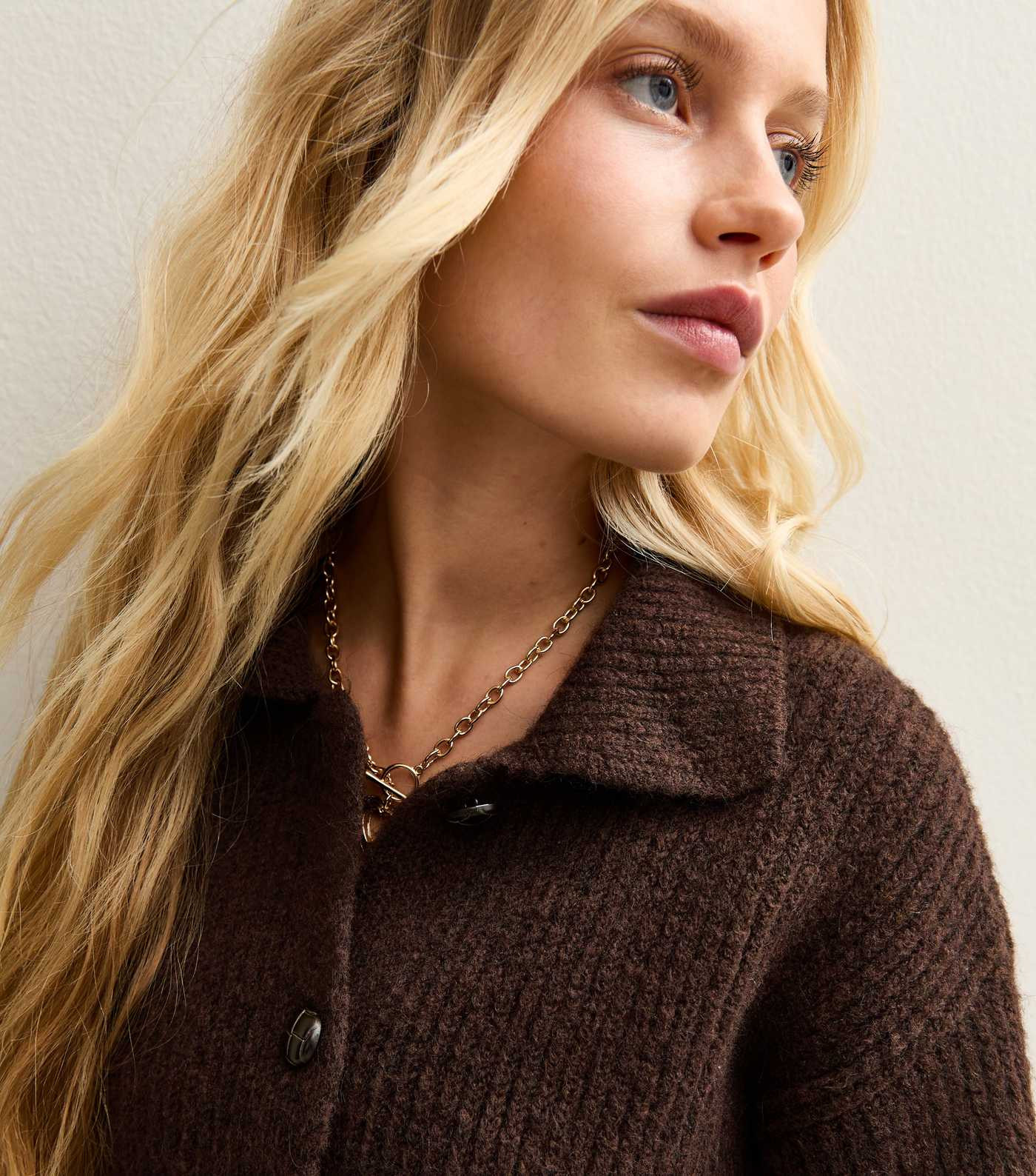 Brown Ribbed Knit Collared Button Through Cardigan | New Look | New Look (UK)