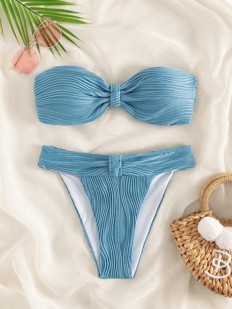 Textured Ruched Bandeau Bikini Swimsuit | SHEIN