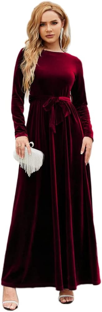 Akivide Womens Velvet Long Sleeve Empire Waist Maxi Dress Red Wedding Guest Dress Red Burgundy Dress | Amazon (US)