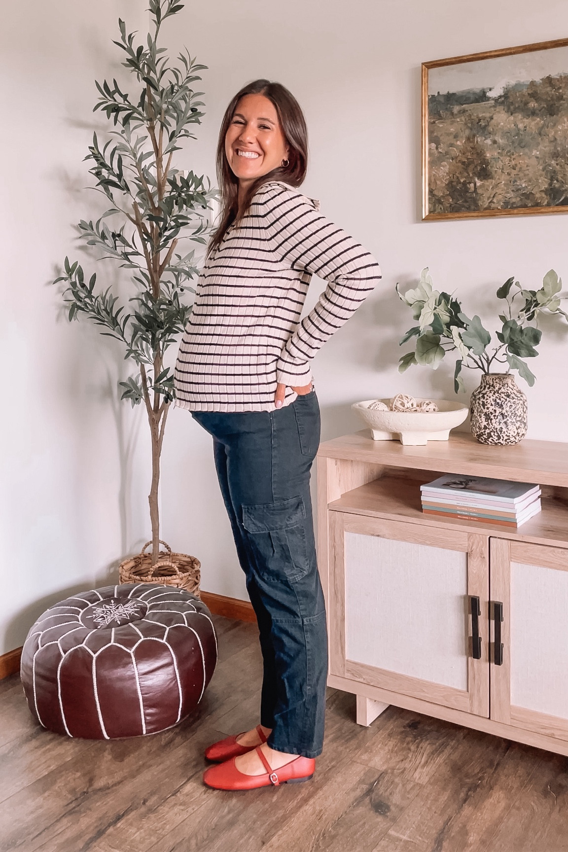 In love with this look! Cargo jeans are maternity and fit like a glove, I’m wearing 4. Sized up to large in sweater to make sure it cover maternity jeans. Red Mary Jane flats fit tts and super comfortable.

Fall outfits
Target style 
Amazon fashion 
Amazon finds
Target finds 
Bump style 
Maternity style
Cargo pants 
Back to school 

#LTKBacktoSchool #LTKFindsUnder50 #LTKBump