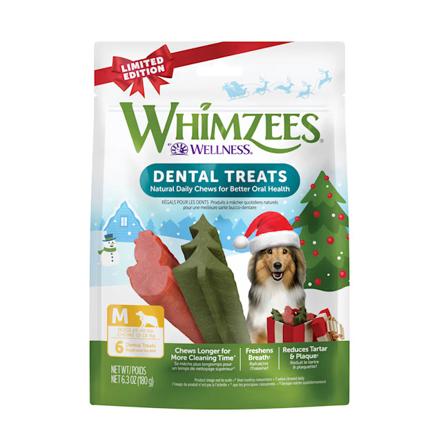 Whimzees Medium Holiday Natural Grain Free Dog Dental Chews, 6.3 oz., Pack of 6 | Petco