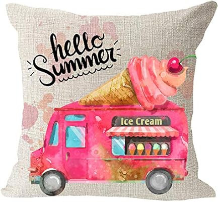 Hello Summer Pink Sweet Cool Ice Cream Truck Cherry Happy Summer Holiday Cotton Linen Square Thro... | Amazon (US)