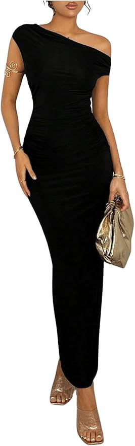 GORGLITTER Women's Asymmetrical Neck Ruched Bodycon Dress Slim One Shoulder Long Maxi Dresses | Amazon (US)