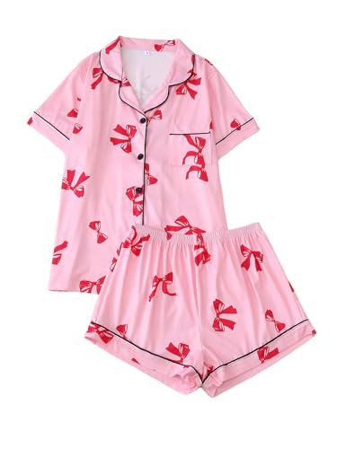 Cute Pj Bow Pajamas Sets for Women 2 Piece Button Up Short Sleeve Nightwear Lounge Sleepwear Pink Medium | Amazon (US)