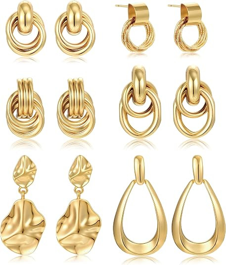 6 Pairs Chunky Gold Earrings for Women Gold Plated Knot Earrings Trendy Statement Drop Dangle Tea... | Amazon (US)