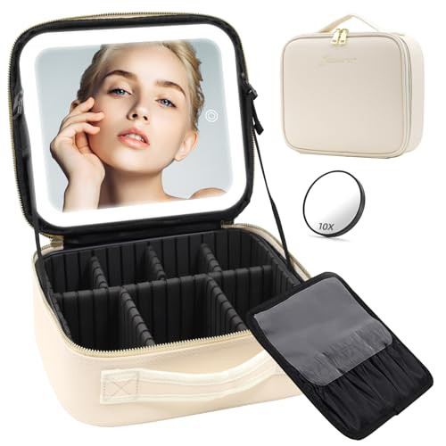 Suupvaor Travel Makeup Bag with Large Light up Mirror, 3 Colors Modes Dimming LED Lighted Cosmetic Organizer Bag Make up Case Waterproof PU Leather Travel Train Case Toiletry Gift Accessories | Amazon (US)