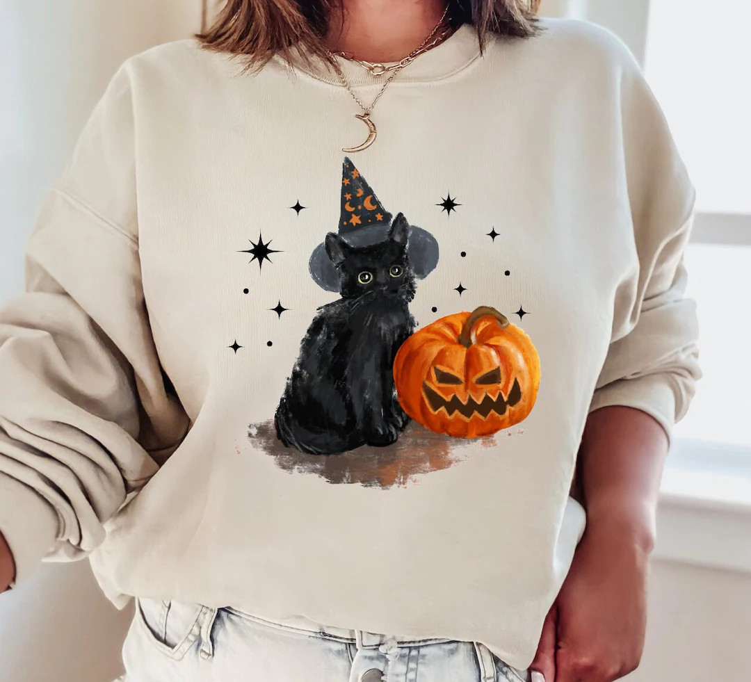 Vintage Black Cat Halloween sweatshirt, Vintage Black cat sweatshirt, Halloween sweatshirt, Spook... | Etsy (US)