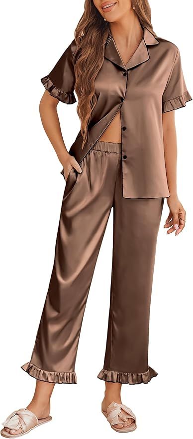 Ekouaer Silk Pajamas for Women Satin Short Sleeve Pajamas Set with Ruffle 2 Pieces Button Down To... | Amazon (US)