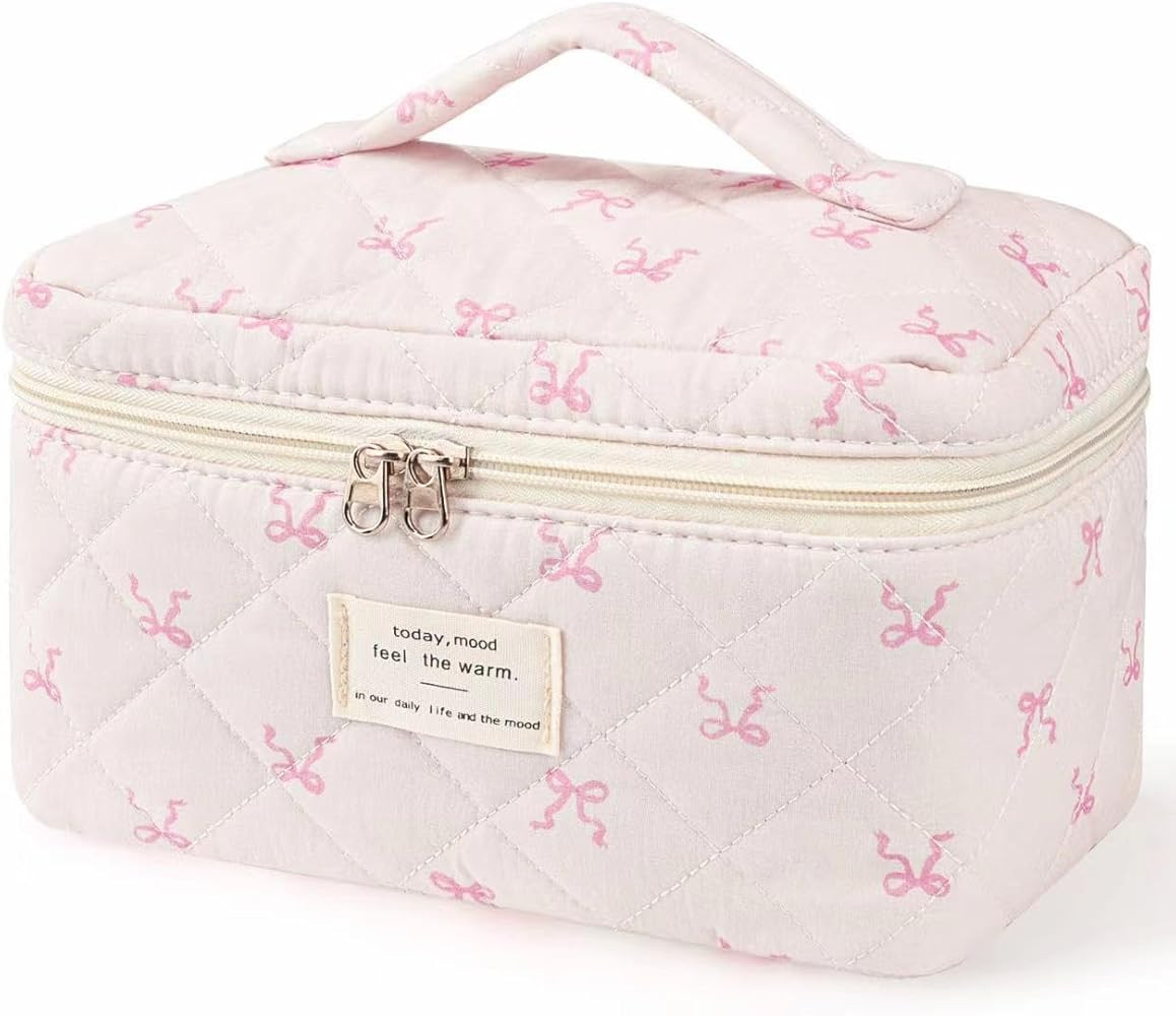 Large Travel Quilted Makeup Bag，Cute Bow Cotton cosmetic bag, Fashionable aesthetic makeup bag,... | Amazon (US)