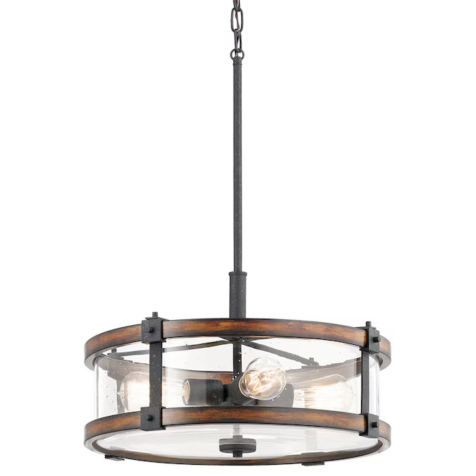 Kichler Barrington Distressed Black and Wood Tone Rustic Seeded Glass Drum Medium (10-22-in) Pend... | Lowe's