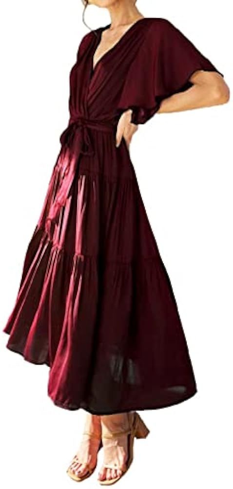 Kate Kasin Women Warp V-Neck Ruffle Short Sleeve Dress Tiered Flared A-Line Swing Maxi Dress with Be | Amazon (US)