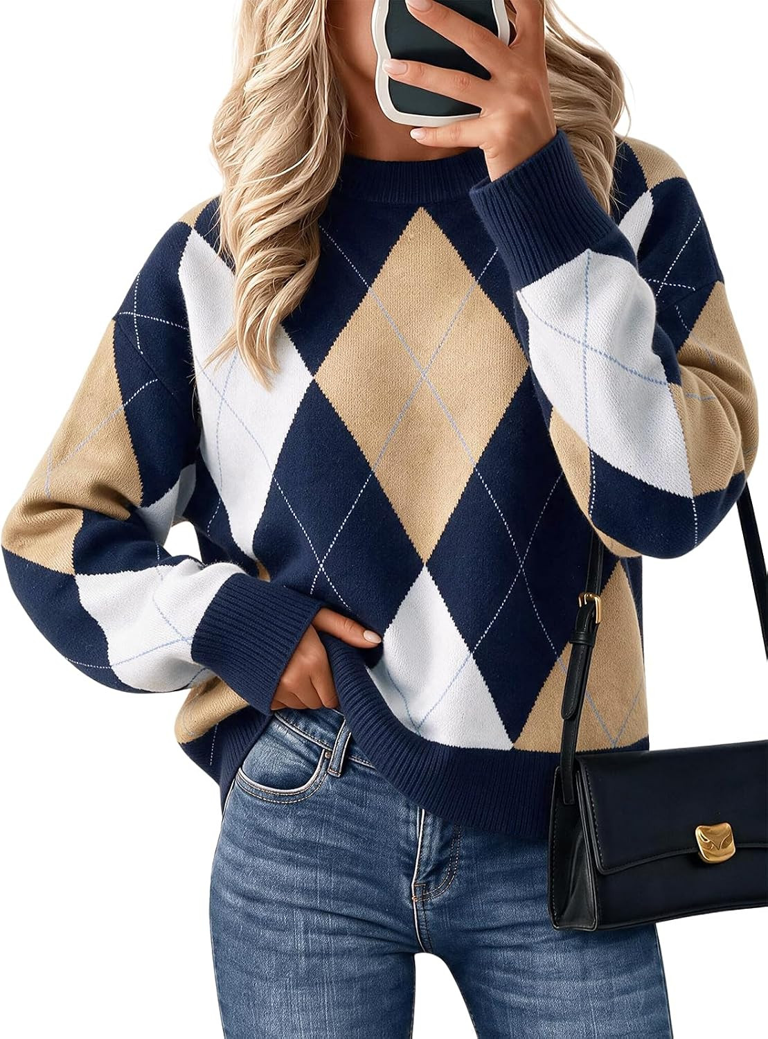Cicy Bell Sweaters for Women Argyle Plaid Color Block Knit Pullover Tops | Amazon (US)