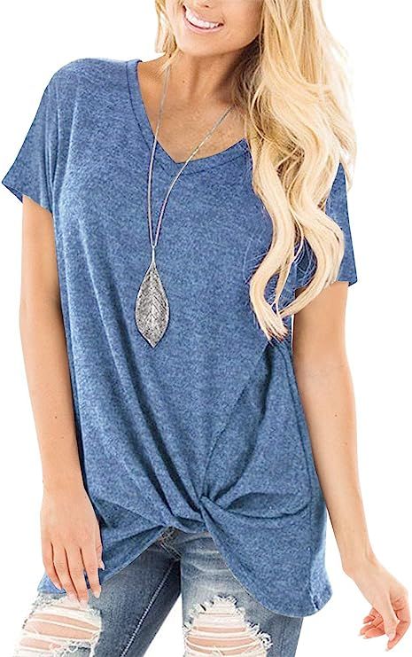 SHIBEVER Women's Tops Short Sleeve Twist Knotted T Shirts Summer Blouse Tunic Tops S-2XL | Amazon (US)