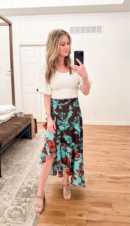 Outfit for a dressier reception last night! Clearance skirt (other color ways available!), clearance sandals from last year (you need these- my feet hurt in most heels, but not these!), and new blouse that I am dying over. If you are a rectangle like me, a dramatic shoulder helps your silhouette! 

#LTKsalealert #LTKstyletip #LTKshoecrush