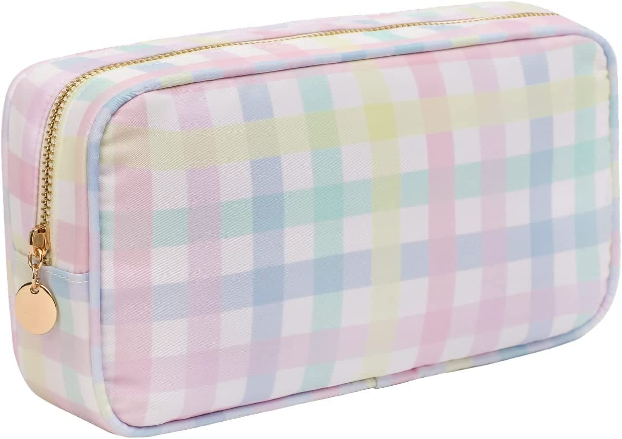 MONOBLANKS Nylon Small Makeup Pouch Bag Cute Travel Cosmetic Bag for Women and Girls（Plaid） | Amazon (US)
