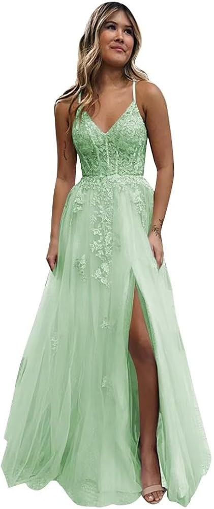Tulle Prom Dresses Lace Appliques V Neck Spaghetti Straps Corset A Line Long Formal Dress Evening Gowns with Slit | Amazon (US)