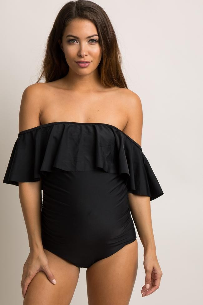 Black Ruffle Trim Ruched One-Piece Maternity Swimsuit | PinkBlush Maternity