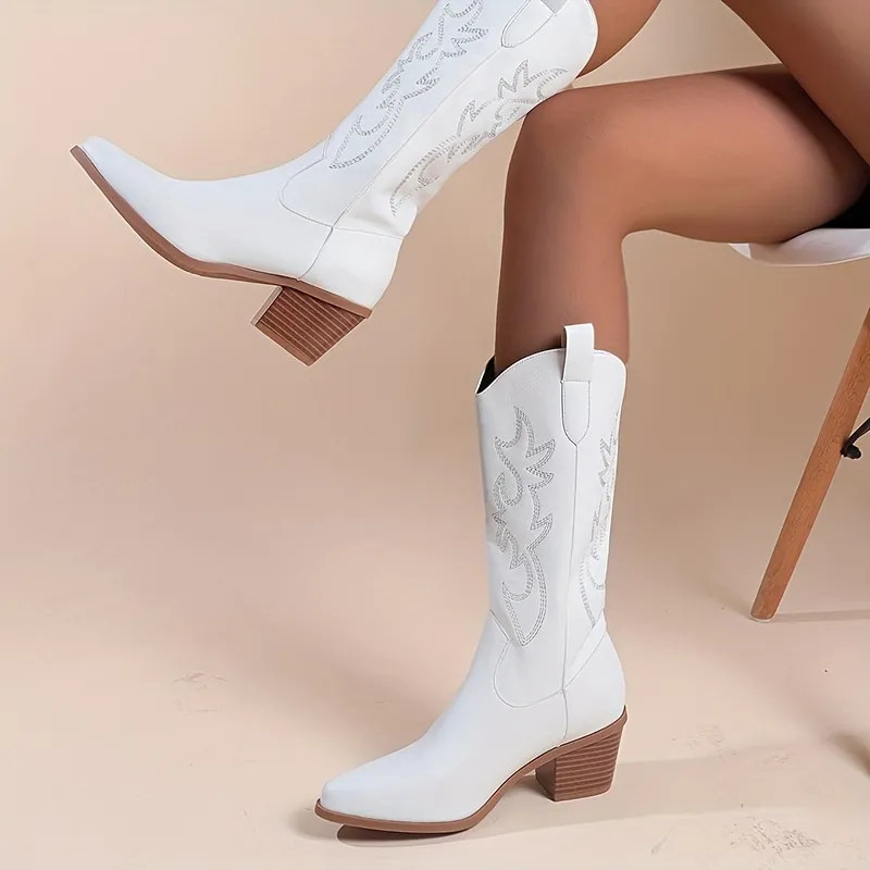 Women's Chunky Heeled Western Boots, Embroidered Pointed Toe Cowgirl Boots, Fashion Mid Calf Ridd... | Temu Affiliate Program
